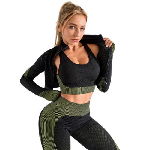 Women's Seamless 3-Piece Workout Set | Long Sleeve Gym Outfit | FITZEV