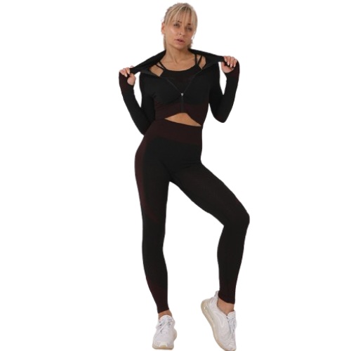 Women's Seamless 3-Piece Workout Set | Long Sleeve Gym Outfit | FITZEV